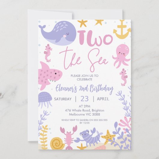 Roze Paars Gele Meisjes Twee Verjaardag Aan Zee Kaart (Voorkant)