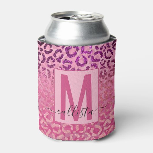 Roze Paars Glitter Leopard Animal Print Monogram Blikjeskoeler (Blikje Voorkant)