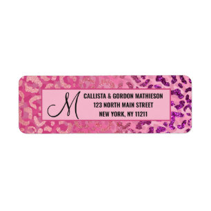 Roze Paars Glitter Leopard Animal Print Monogram Etiket