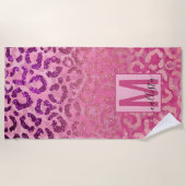 Roze Paars Glitter Leopard Animal Print Monogram Strandlaken (Voorkant)