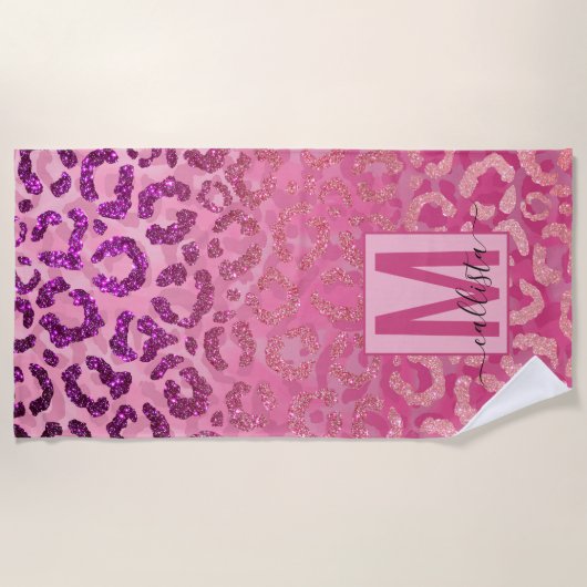 Roze Paars Glitter Leopard Animal Print Monogram Strandlaken (Voorkant)