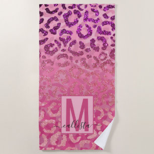 Roze Paars Glitter Leopard Animal Print Monogram Strandlaken