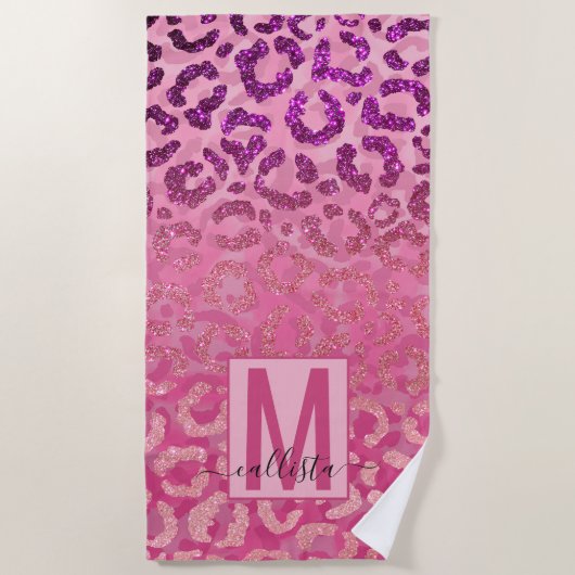 Roze Paars Glitter Leopard Animal Print Monogram Strandlaken (Voorkant)