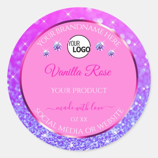 Roze Paars Glitter Product Label Logo Rhinestonen (Voorkant)