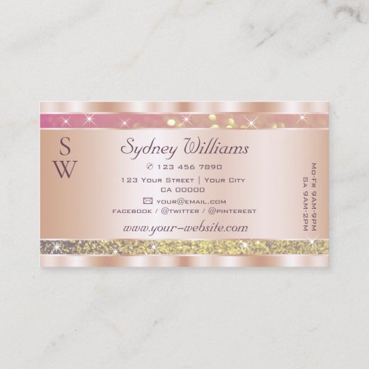 Roze Paars Glitter Stars Monogram Roos Gold Visitekaartje (Achterkant)