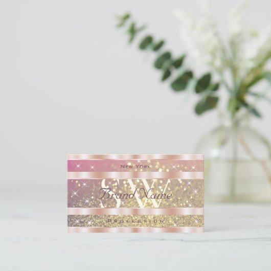 Roze Paars Glitter Stars Monogram Roos Gold Visitekaartje (Staand voorkant)