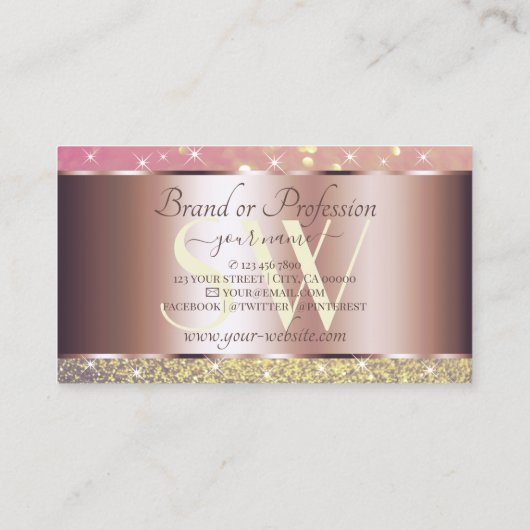 Roze Paars Glitter Stars Monogram Roos Gold Visitekaartje (Achterkant)