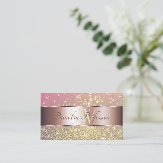 Roze Paars Glitter Stars Monogram Roos Gold Visitekaartje (Staand voorkant)