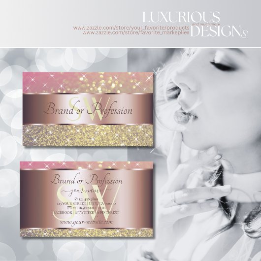 Roze Paars Glitter Stars Monogram Roos Gold Visitekaartje