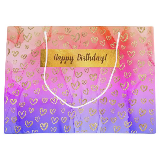Roze Paars Gold Hearts Eigen Happy Birthday Groot Cadeauzakje (Voorkant)