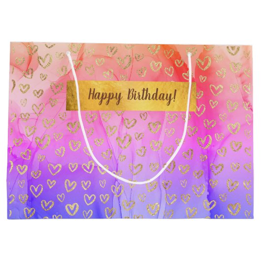 Roze Paars Gold Hearts Eigen Happy Birthday Groot Cadeauzakje (Achterkant)