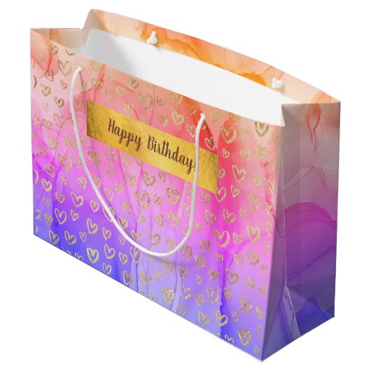 Roze Paars Gold Hearts Eigen Happy Birthday Groot Cadeauzakje (Achterkant Gekanteld)