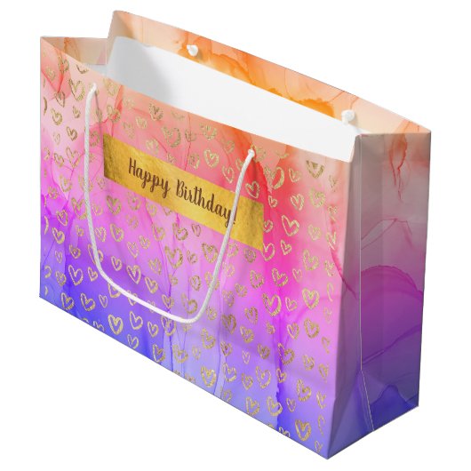 Roze Paars Gold Hearts Eigen Happy Birthday Groot Cadeauzakje (Voorkant Gekanteld)