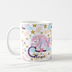 Roze Paars Gold Star Unicorn Naam Monogram Koffiemok