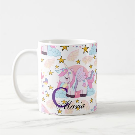 Roze Paars Gold Star Unicorn Naam Monogram Koffiemok (Links)