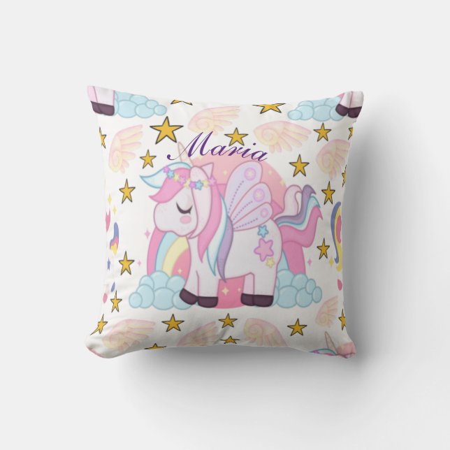 Roze Paars Gold Star Unicorn Naam Monogram Kussen (Voorkant)