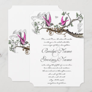 Roze Paars & Grijs Vintage Vogels Bruiloft Kaart