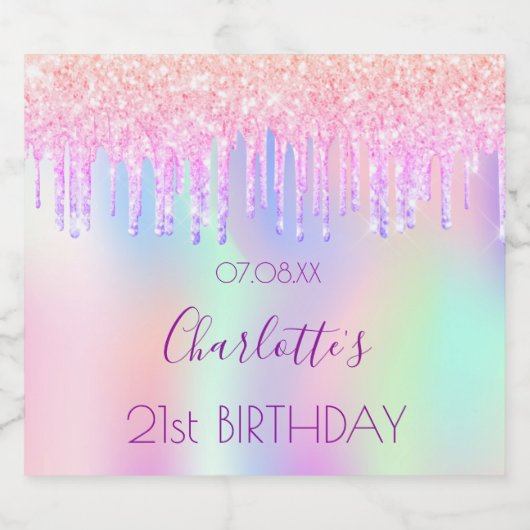 Roze paars holografische glitter druppelt verjaard sparkling wijnetiket (Enkel label)