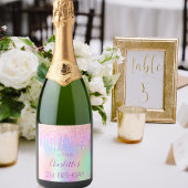 Roze paars holografische glitter druppelt verjaard sparkling wijnetiket
