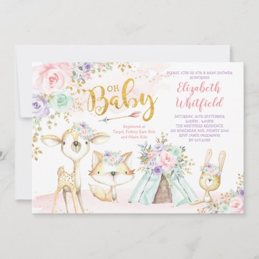 Roze Paars Mint Tribal Woodland Baby shower Kaart (Voorkant)