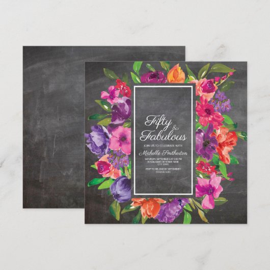 Roze Paars Oranje Bloemenkleed Krijtbord 50e Verja Kaart (Voorkant / Achterkant)