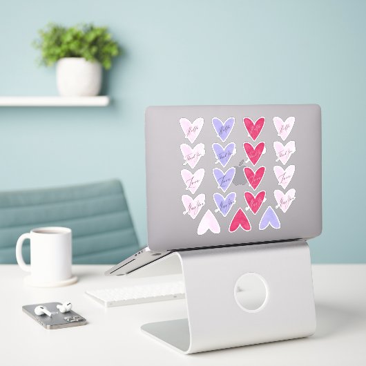 Roze Paars + Rode Aquarel Hart Envelopezegels Sticker (Laptop op bureau)
