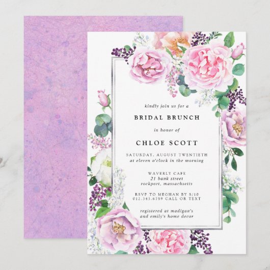Roze Paars Roos Floral Bridal Brunch Uitnodiging (Voorkant / Achterkant)