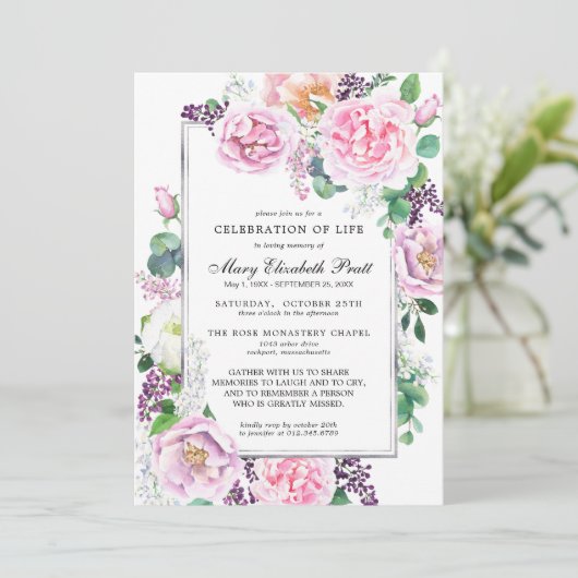 Roze Paars Roos Floral Celebration of Life Kaart (Staand voorkant)