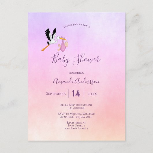 Roze paars roos goud baby shower briefkaart (Voorkant)