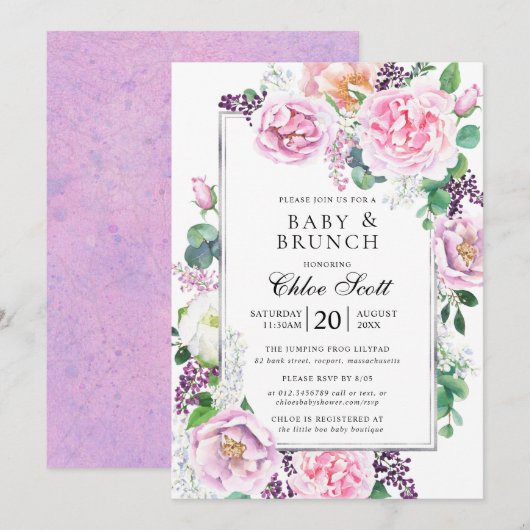 Roze Paars Roos Peony Floral Baby Brunch Kaart (Voorkant / Achterkant)