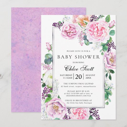 Roze Paars Roos Peony Floral Baby shower Kaart (Voorkant / Achterkant)