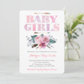 Roze Paars Twins baby shower voor meisjes Kaart (Staand voorkant)