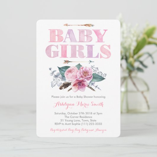 Roze Paars Twins baby shower voor meisjes Kaart (Staand voorkant)