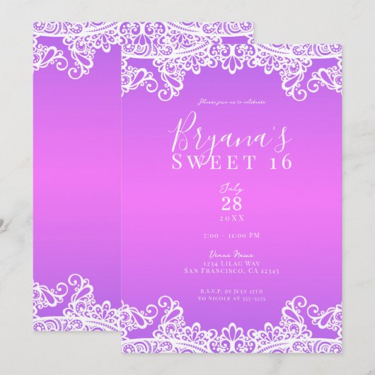 Roze Paars & White Lace Sweet 16 Party Kaart (Voorkant / Achterkant)