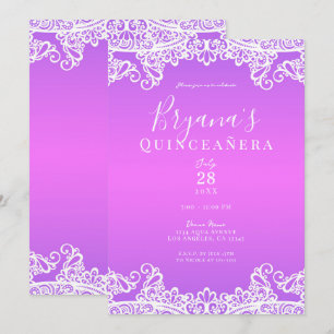 Roze Paars Witte Kant Elegant Quinceañera Feest Kaart