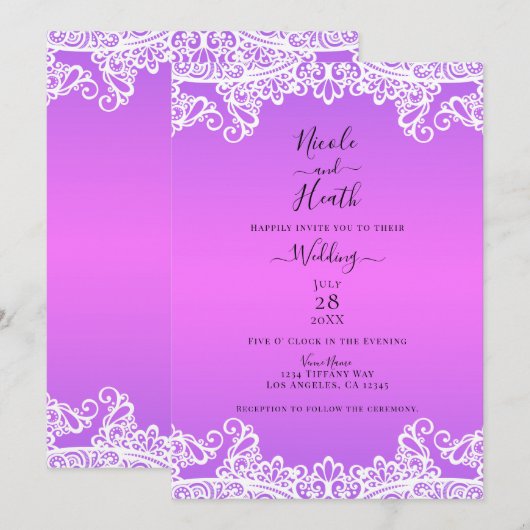 Roze Paars & Witte Kant Elegante Trouwfeest Kaart (Voorkant / Achterkant)