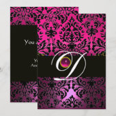 ROZE PAARS ZWART DAMAST MONOGRAM Amethist Fuchsia Kaart (Voorkant / Achterkant)