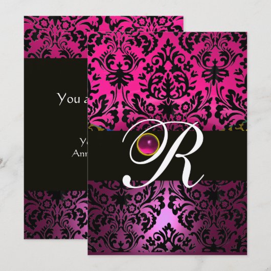 ROZE PAARS ZWART DAMAST MONOGRAM Amethist Fuchsia Kaart (Voorkant / Achterkant)