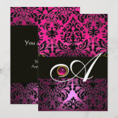 ROZE PAARS ZWART DAMAST MONOGRAM Amethist Fuchsia Kaart (Voorkant / Achterkant)