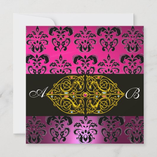 ROZE PAARS ZWART DAMAST MONOGRAM ,fuchsia,goud Kaart (Voorkant)