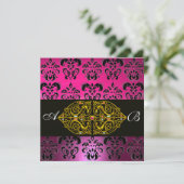 ROZE PAARS ZWART DAMAST MONOGRAM ,fuchsia,goud Kaart (Staand voorkant)