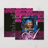 ROZE PAARS ZWART GRADUATION DAMAST MONOGRAM KAART (Voorkant / Achterkant)