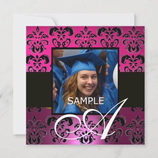 ROZE PAARS ZWART GRADUATION DAMAST MONOGRAM KAART (Voorkant)