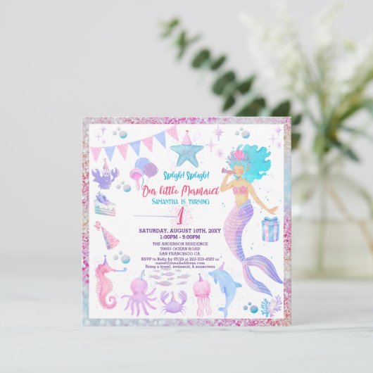 Roze Paarse 1e grillige meisje zeemeermin verjaard Kaart (Staand voorkant)