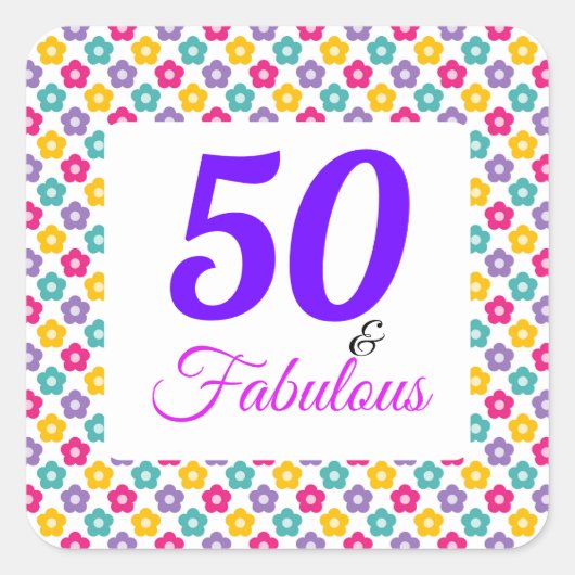 Roze Paarse 50 & Fabulous Typography Party Vierkante Sticker (Voorkant)
