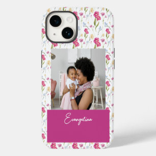 Roze Paarse Aangepaste Naam Waterverf Wildbloem iPhone 14 Hoesje