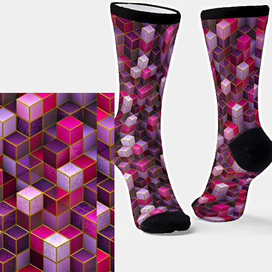 Roze Paarse Abstracte 3D-effect kubussen Sokken