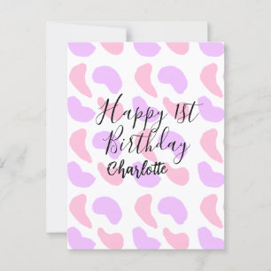 Roze paarse abstracte vormen gelukkige 1e verjaard briefkaart