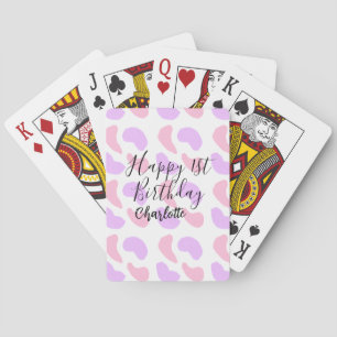 Roze paarse abstracte vormen gelukkige 1e verjaard pokerkaarten