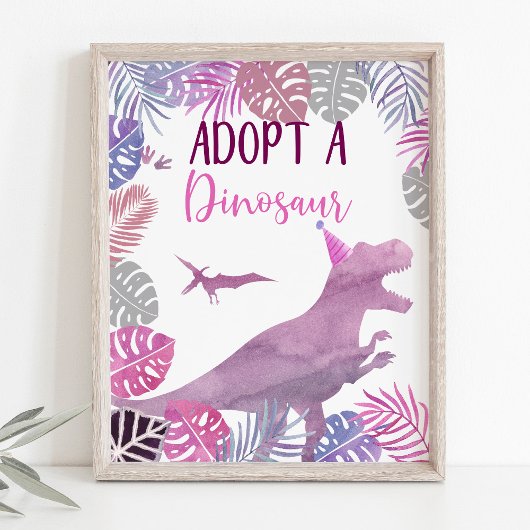 Roze Paarse Adopteer een dinosaurus verjaardagstek Poster